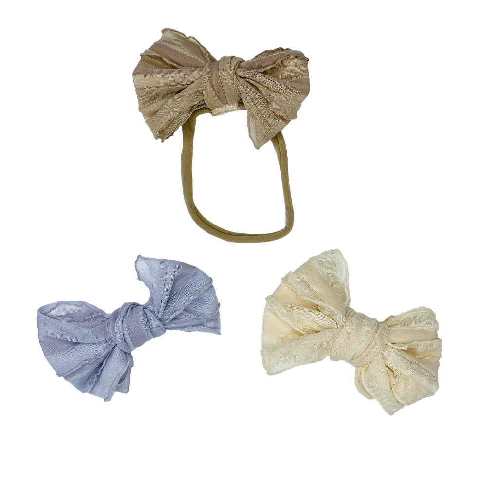 Neutral Lil Bow Peep Set of 3 Clip Bows + 1 Elastic Headband