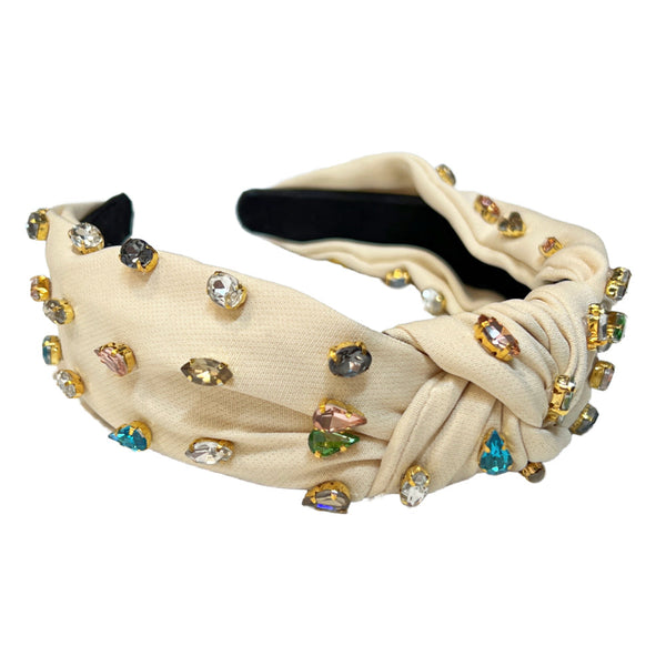 30. Cream Lux Floral Stone Embellished Knot Headband Twine and Love | Neutral Color Knotted Headband  main image 4