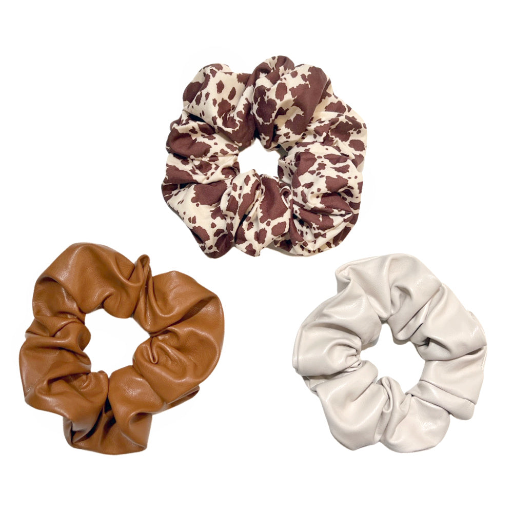 Leather Scrunchie Set - Brown Cowhide